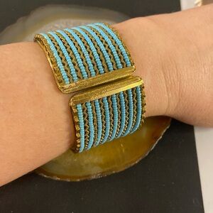 Southwest style clamp bracelet in gold tone & blue seed beads size 6.5" to 6.75"